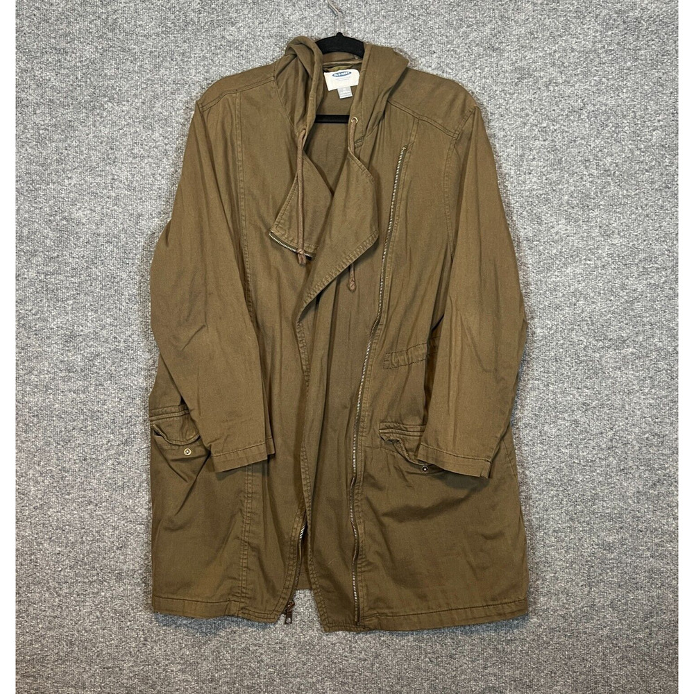 Old Navy Jacket Womens 1X Green Army Jacket Full Zip Snaps Plus Size Soft Hooded